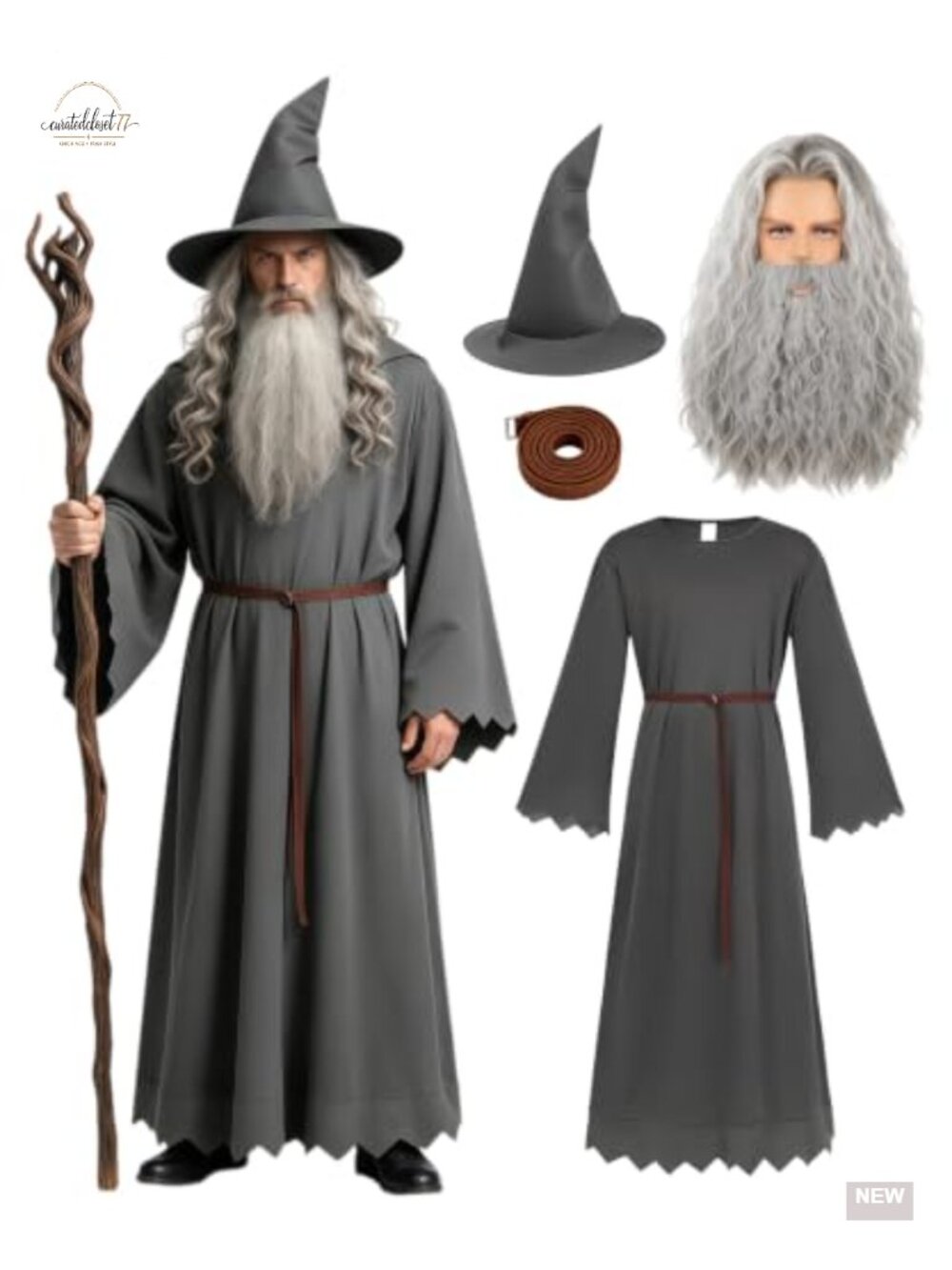 Mens Wizard Costume Set Robe Hat Belt Wig Beard Halloween Cosplay Polyester